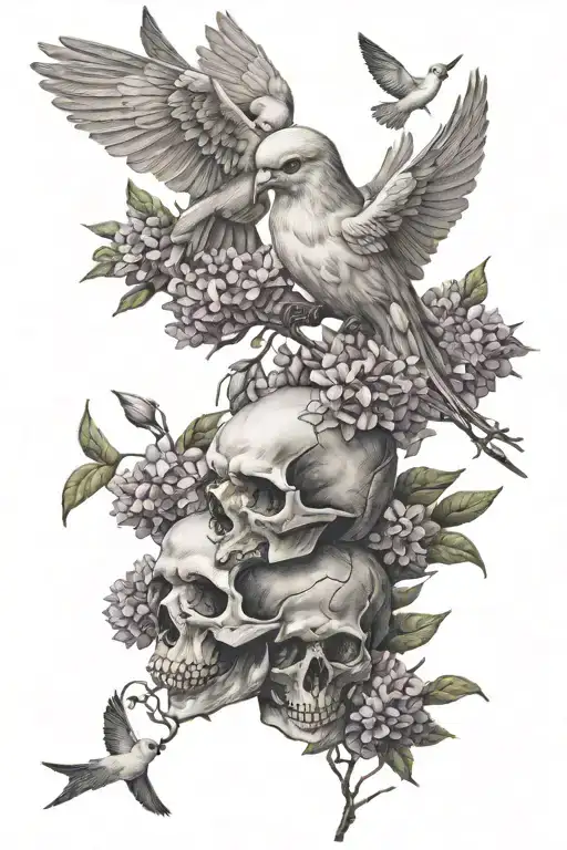 skulls lilacs intertwined doves flying tattoo design idea