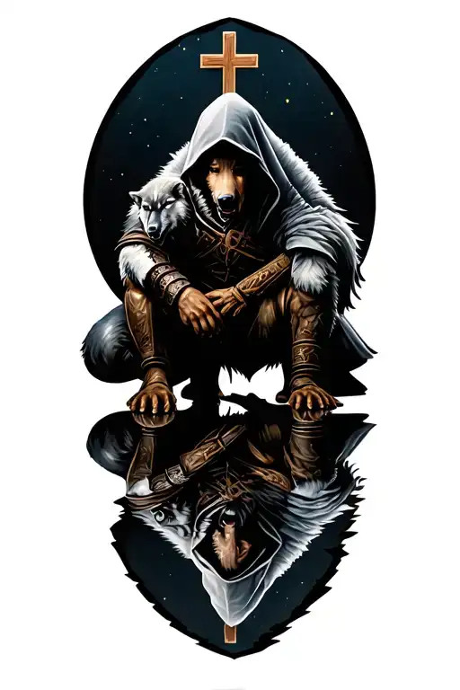 reflection of a dire wolf below a kneeling hooded warrior with a cross in the background tattoo design idea