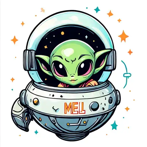tattoo of a super cute baby girl alien in a spaceship with MEL written on panels tattoo design idea