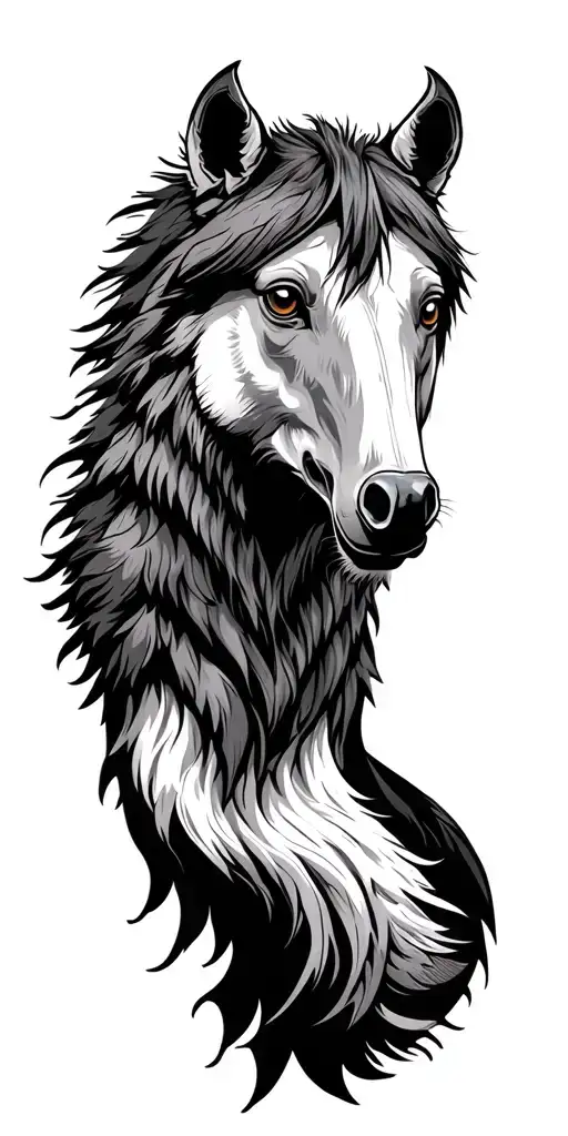 Gray wolf, horse, eagle, wild, with Orkhon inscriptions tattoo design idea