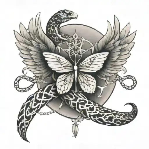 snake and sand dollar and angel wings tattoo design idea