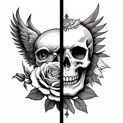 rose and skull and roman letters and eye and eagle on a half sleeve everything apart from each other not too close tattoo design idea