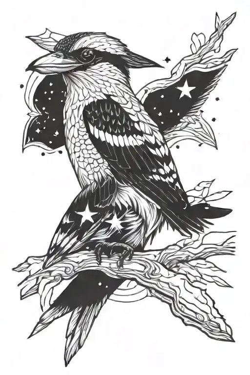 kookaburra looking up at southern cross constellation tattoo design idea