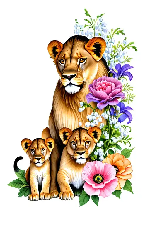 a lioness, 2 lion cubs, carnation flowers, violets, chrysanthemum, lily of the valley, poppies and sweet pea flowers  tattoo design idea