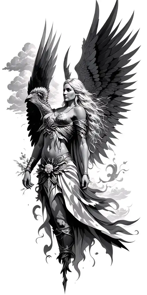 Meaningful warrior angel, Norse Valkyrie, clouds, rays, floral tattoo design idea