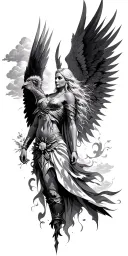 Meaningful warrior angel, Norse Valkyrie, clouds, rays, floral tattoo design idea