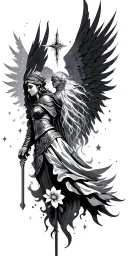 Meaningful warrior angel, Norse Valkyrie, clouds, rays, floral tattoo design idea