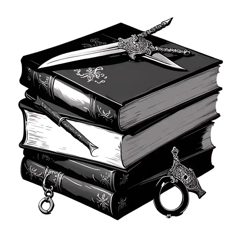 stack of books, swords, handcuffs, dark romance, masks tattoo design idea