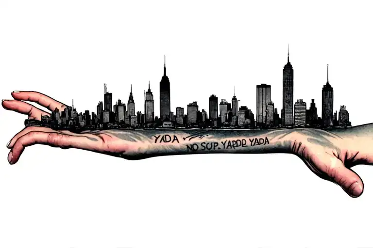 a wrist tattoo with new York skyline that includes refrences from seinfeld in the skyline like yada yada yada, no soup tattoo design idea