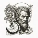 General concept: A scene that encompasses the balance, reason and moderation of Aristotle with the serenity, detachment  tattoo design idea