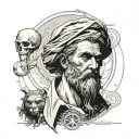 General concept: A scene that encompasses the balance, reason and moderation of Aristotle with the serenity, detachment  tattoo design idea