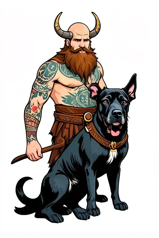 hot bearded viking man and black dog with no hair and nordic tattoos  tattoo design idea