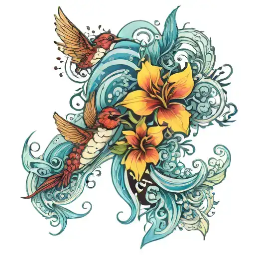 full sleeve.  disney theme.  half underwater, half beach.  stitch, firefly, hummingbird, heat of te fiti. tattoo design idea
