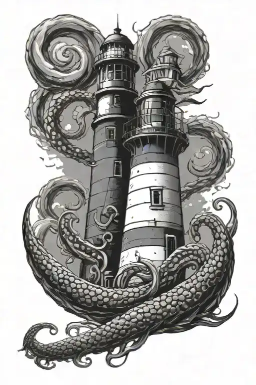 lighthouse with kraken wrapping its tentacles and holding two buoys tattoo design idea