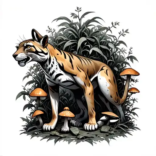 dead full body thylacine with vines and mushrooms surrounding it tattoo design idea
