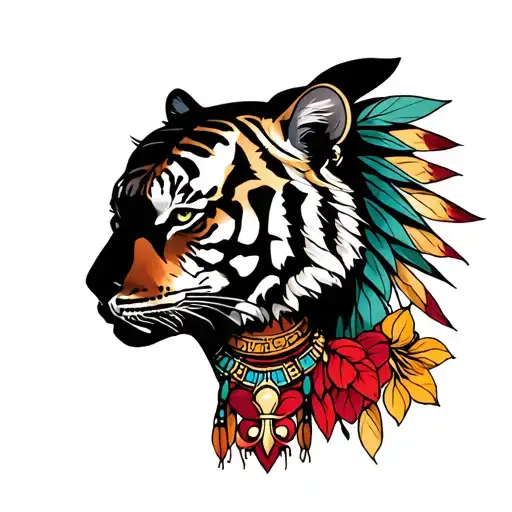 Native American woman silhouette with a tiger as the face and a fleur-de-lis necklace tattoo design idea