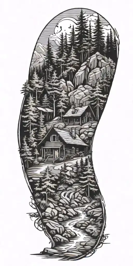 A detailed log cabin nestled in the mountains surrounded by pine trees and a flowing river with hiking trail. tattoo design idea
