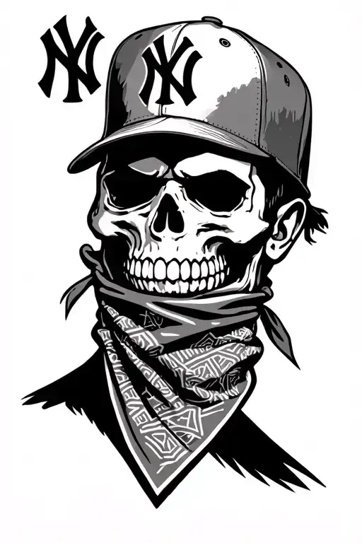 skull face wearing a Yankees baseball hat.  and a Yankees bandana tied around his face covering his nose and mouth tattoo design idea