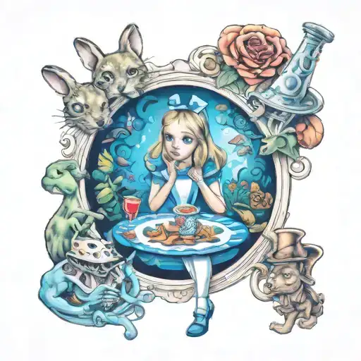 alice in wonderland smoking blunt going down hole surrounded tattoo design idea