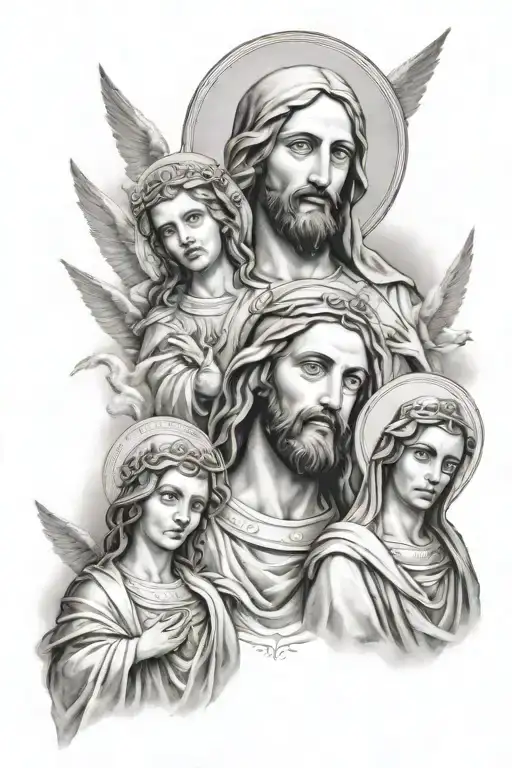 make a tattoo design with the holy trifecta Jesus San Judas, the Virgin Mary (using their famous images) and 2 angels, a tattoo design idea