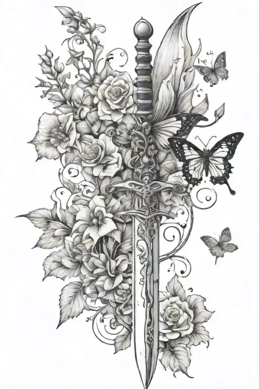 capricorn sword, flowering vine, capricorn constellation, butterfly tattoo design idea