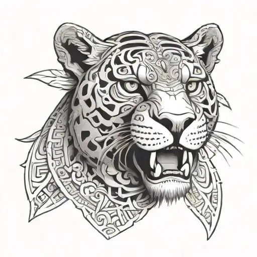 Mayan Jaguar front face drawn tattoo design idea