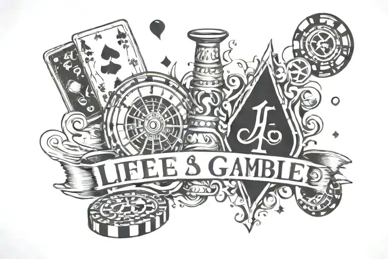 chicano style cursive lettering, life's a gamble, with spade as the dot for the i, and roulette wheel, dice and cards tattoo design idea