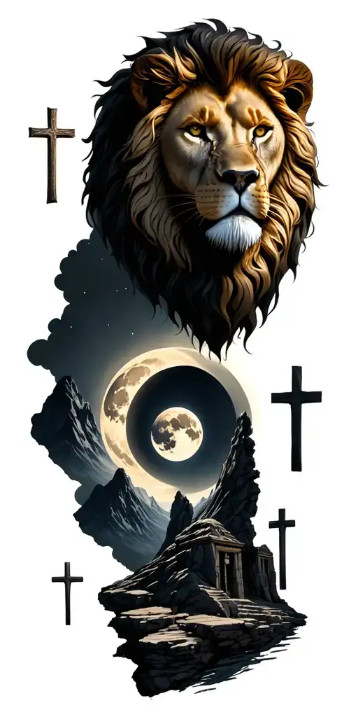 From bottom will be three crosses, a stoic lion face, an open tomb with circle rock, mountain and moon tattoo design idea