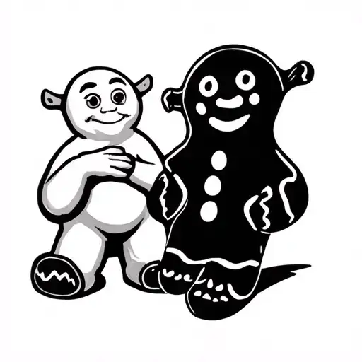 Create a black & grey tattoo with the pillsbury dough boy, & the gingerbread man from shrek, folding there arms trying t tattoo design idea