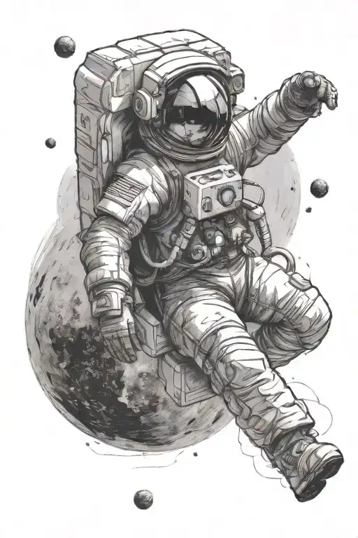 astronaut, floating in space, with the moon in the background, rich in details tattoo design idea