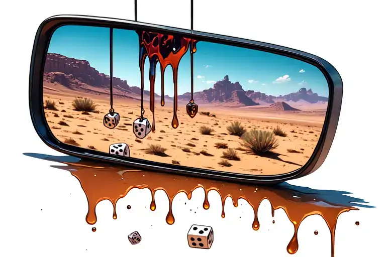 rear view mirror reflecting the desert landscape with melted hanging dice hanging from the mirror tattoo design idea