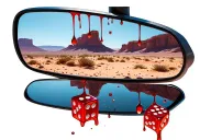 rear view mirror reflecting the desert landscape with melted hanging dice hanging from the mirror tattoo design idea