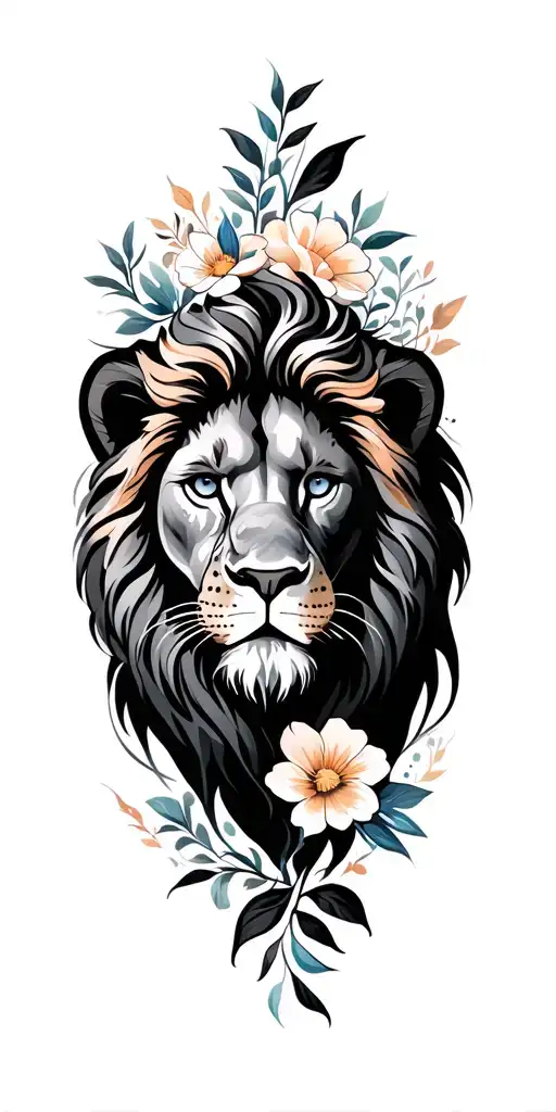 Leo lion with flowers tattoo design idea
