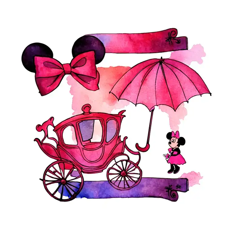 Scroll with Mickey ears, Minnie bow, Mary Poppins umbrella, Cinderella's coach tattoo design idea