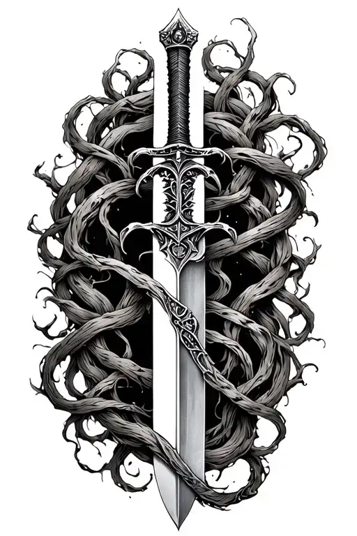 thin swords wrapped in thin vines tattoo design idea