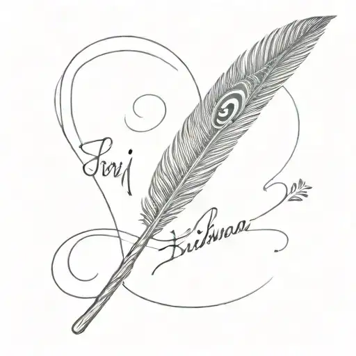 flute with a peacock feather and text sri krishna tattoo design idea