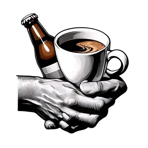 coffe cup and a bottle of beer holding hands tattoo design idea