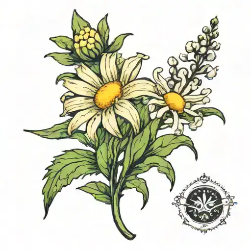 Aster flower with the name Paislee in the stem, daisy flower with the name William in the stem and a lily of the valley  tattoo design idea