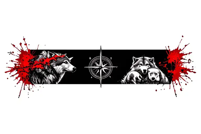 Wolf protecting his cub, map of Bolivia, thorns, baby footprint, pine trees, compass data 05-25-2014 07:06am - 54cm tattoo design idea