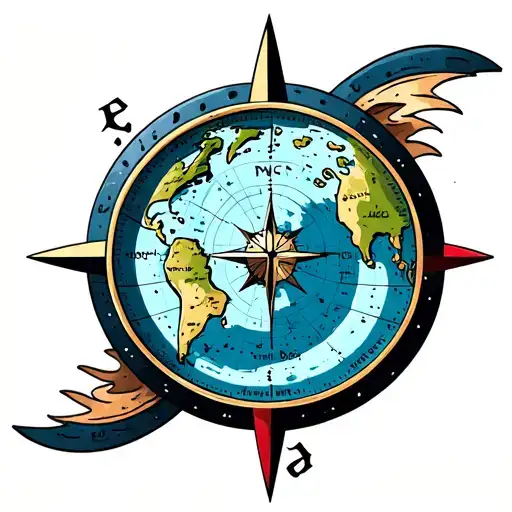 flat earth map inside of compass surrounded tattoo design idea