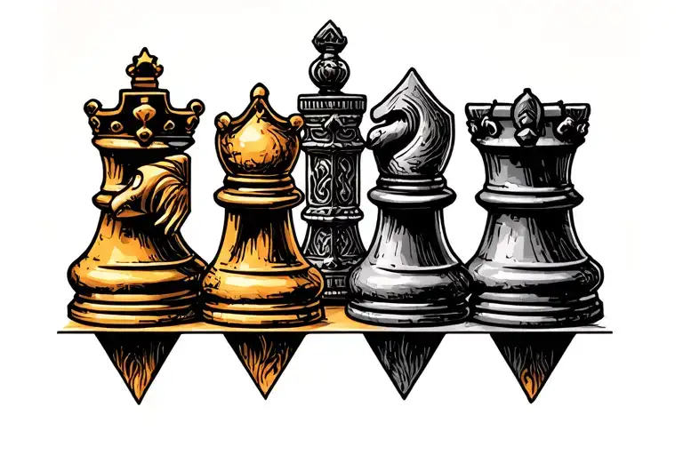 king, queen, knight, bishop, and rook chess piece tattoo design idea