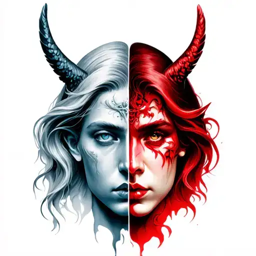 half angel and devil face morphing tattoo design idea