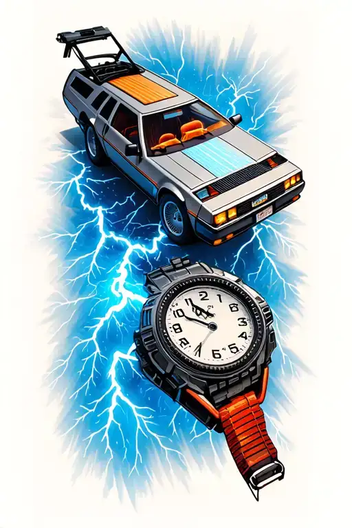back to the future 3D clock face, delorean, buffs casino blue lightening tattoo design idea