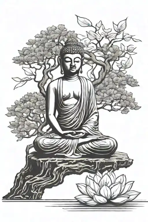 Buddha sitting with a lotus in his hand under a tree, a tree should be beside it with falling leaves tattoo design idea