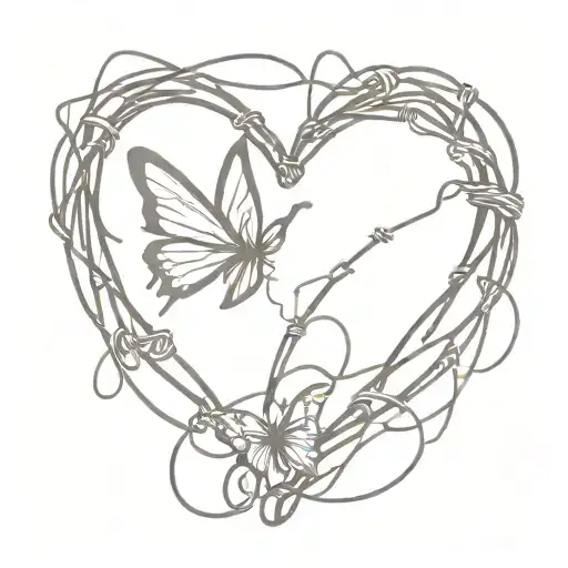 barb wire heart with butterfly on top of it with the words "pain is beauty in the middle of it tattoo design idea