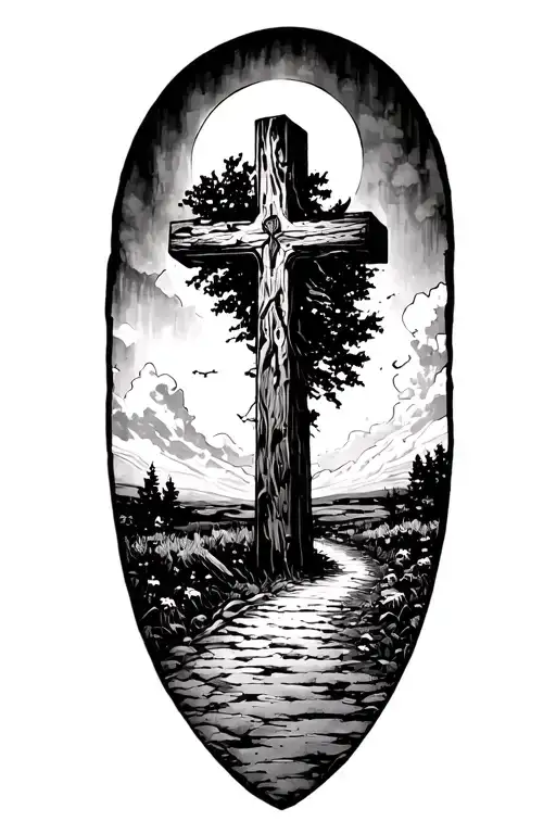 old worn road leading to a new cross tattoo design idea