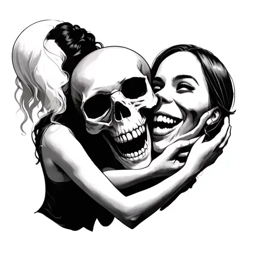 skull being held by laughing women full body tattoo design idea