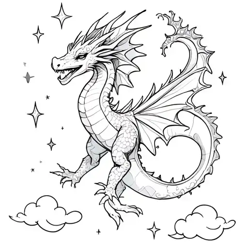 fairy like dragon, sparkles, stars, clouds, tattoo design idea