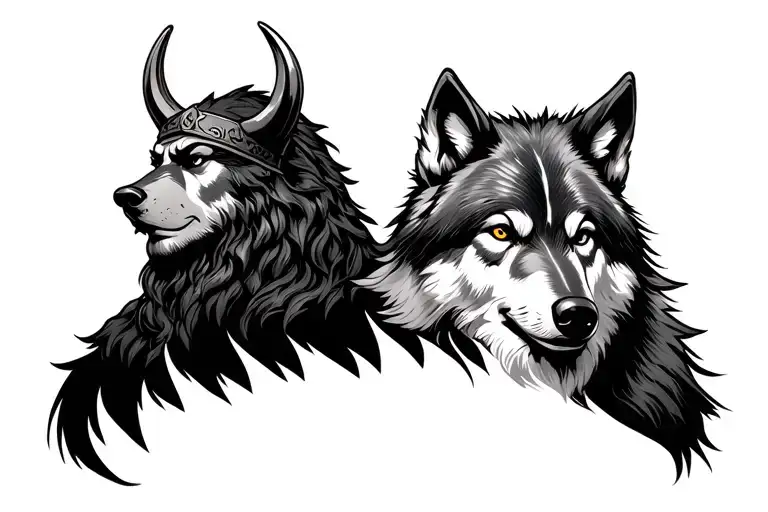 viking portrait with wolf head profile holding tattoo design idea