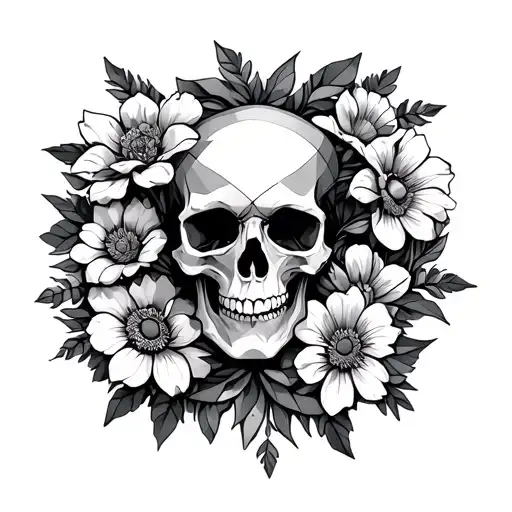 A skull in the center, flowers around it up to the shoulder in a geometric mandala style. tattoo design idea